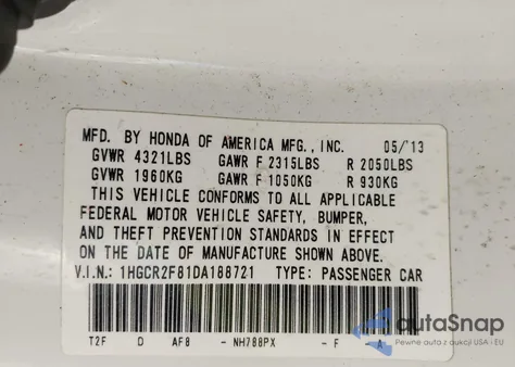 2013 Honda Accord Ex-L из США, поврежденный, VIN 1HGCR2F81DA188721